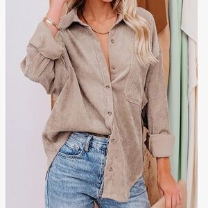 Astylish Corduroy Button Down Shirt Pocket Long Sleeves Tan Light Brown XL